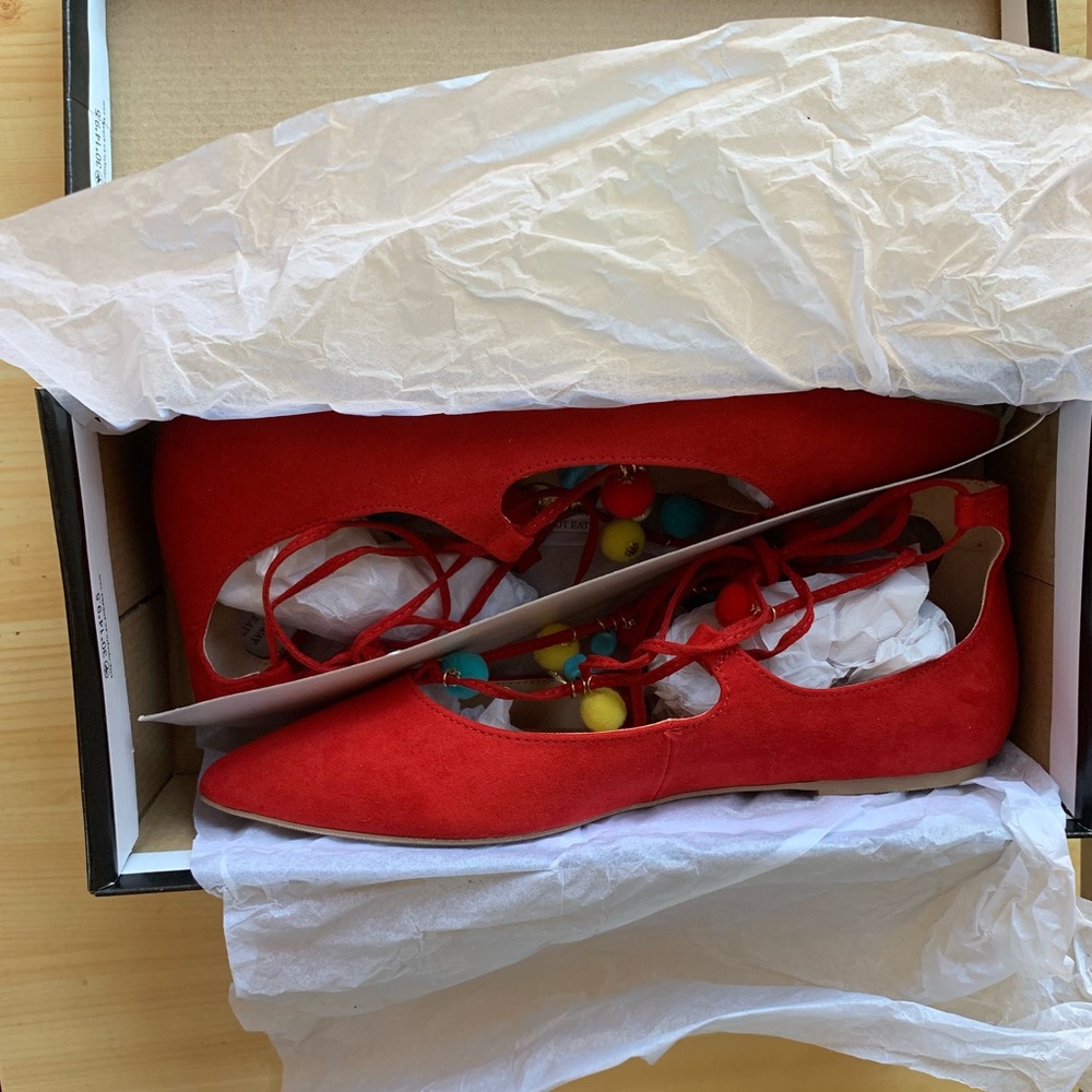Red Faux Suede Lace-up flats with Pom Poms - Picture 5 of 7